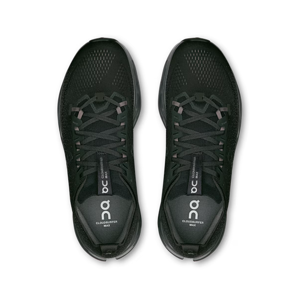 Black athletic shoe with a textured design on a white background