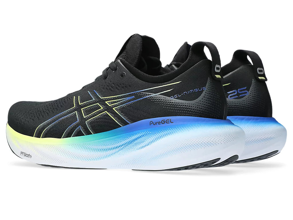 Back angle view of the Men's Nimbus 25 in Black/Glow Yellow