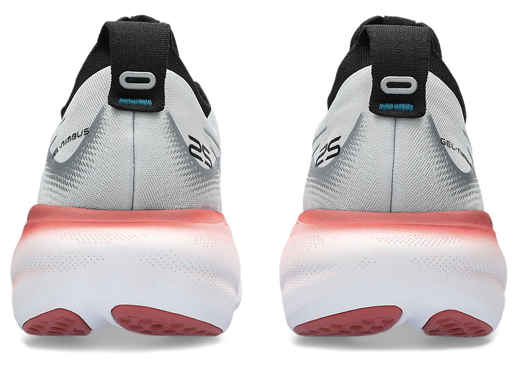 Back view of the Men's ASICS Gel Nimbus 25 in the color Piedmont Grey/Foggy Teal