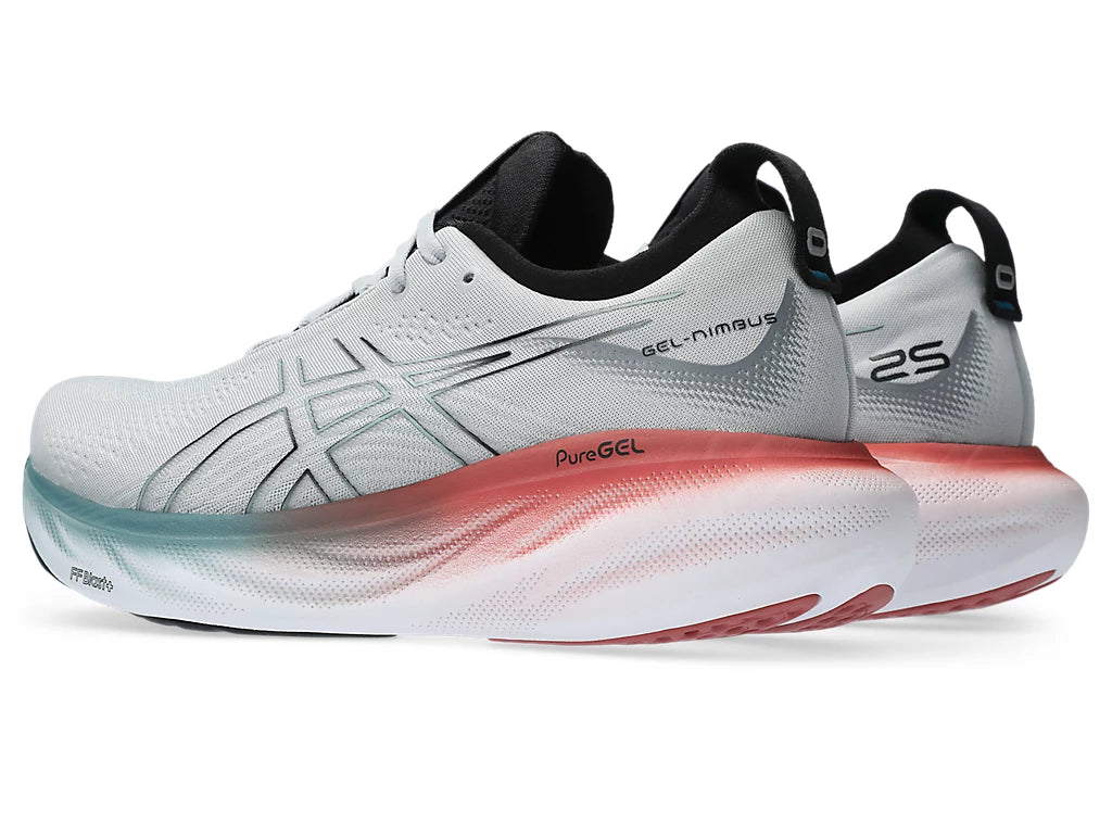 Back angle view of the Men's ASICS Gel Nimbus 25 in the color Piedmont Grey/Foggy Teal