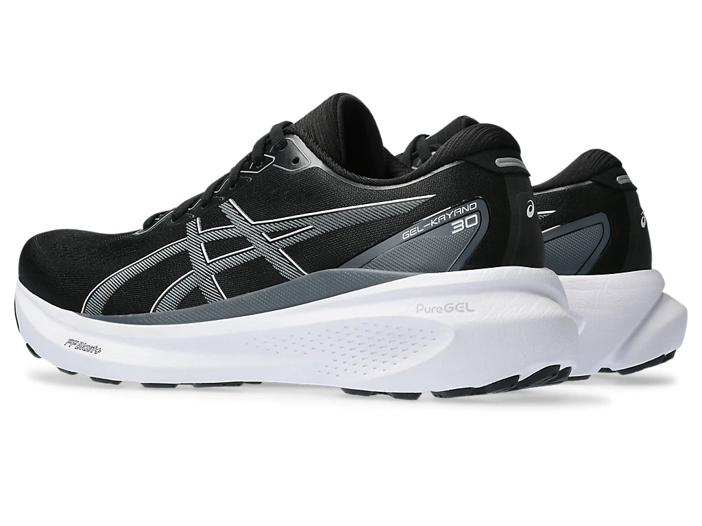 Back angle view of the ASICS Women's Kayano 30 in the color Black/Sheet/Rock