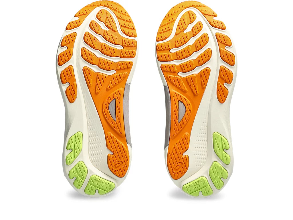 Bottom (outer sole) view of the Men's ASICS Kayano 30 in the color French Blue/Neon Lime