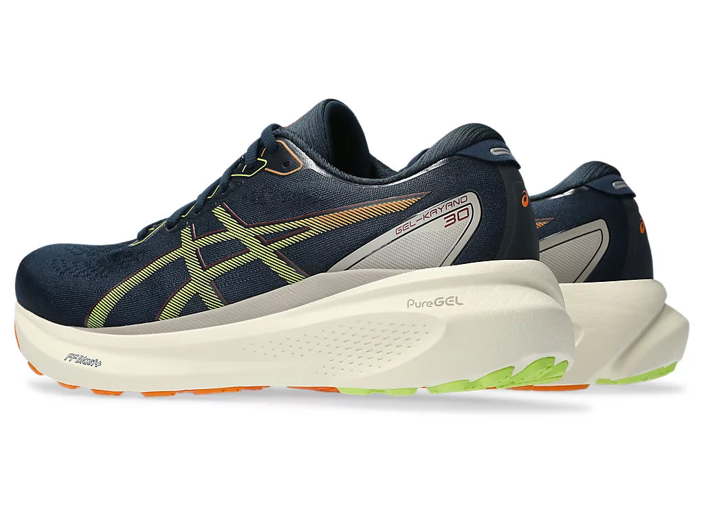Back angled view of the Men's ASICS Kayano 30 in the color French Blue/Neon Lime