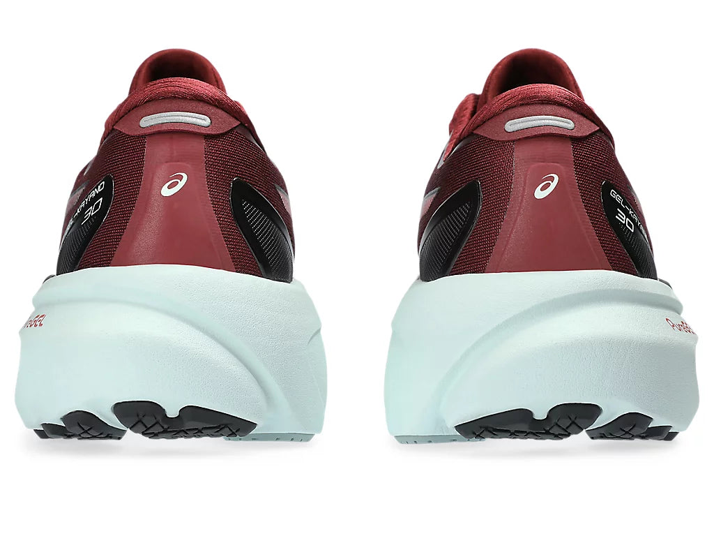 Back view of the Men's ASICS Kayano 30 in the color Antique Red/Ocean Haze