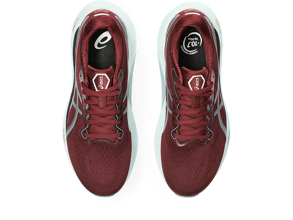 Top view of the Men's ASICS Kayano 30 in the color Antique Red/Ocean Haze