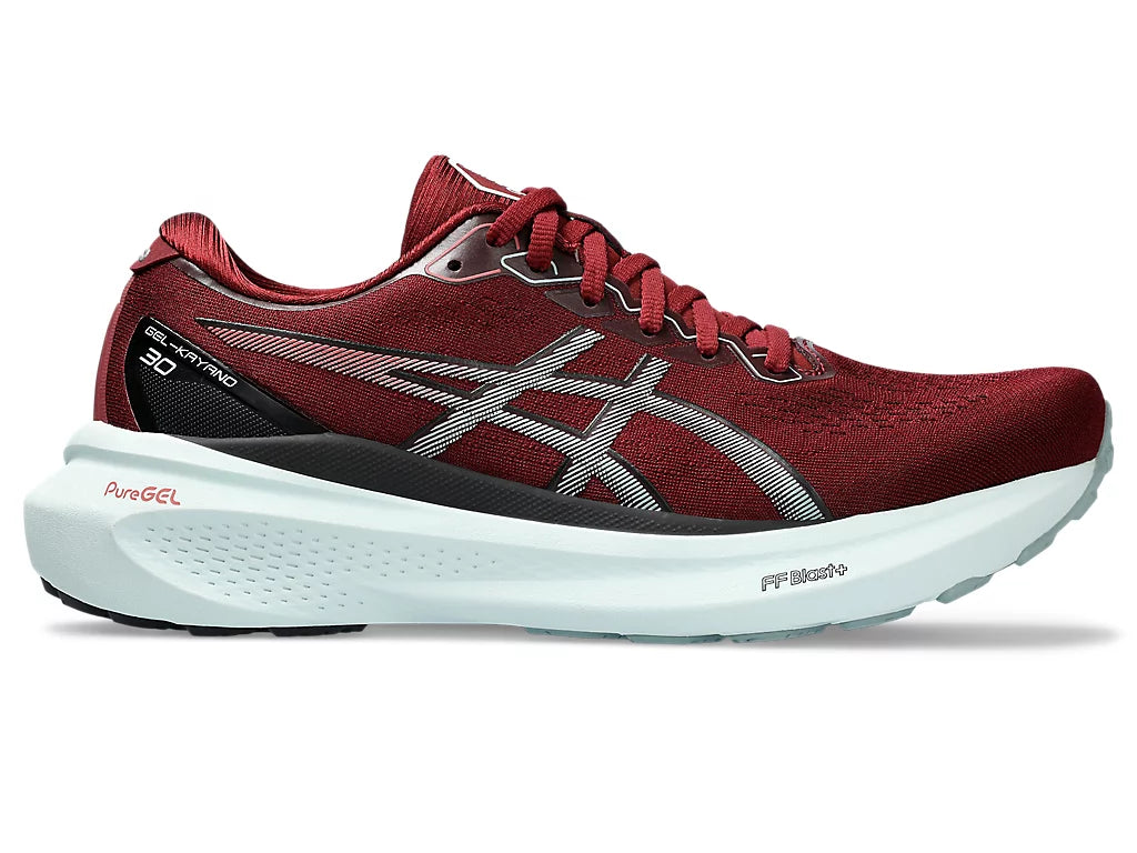Lateral view of the Men's ASICS Kayano 30 in the color Antique Red/Ocean Haze