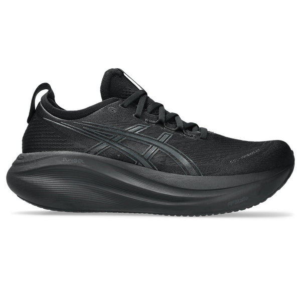 Black running shoe on a white background