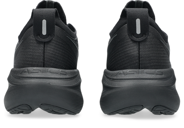 A heel view of this men's Nimbus 27 shows the word ASICS written horizontally across the top of the midsole.