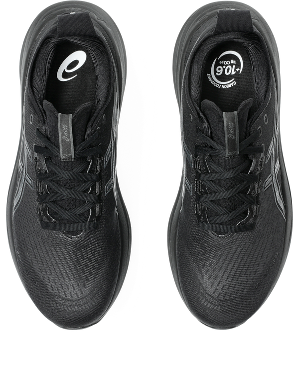 The top view of mens nimbus 27 shows that everything on the shoe is either black or dark grey.