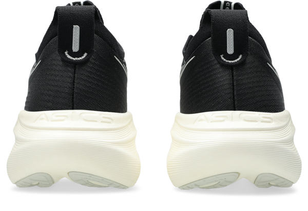 A heel view of this shoe shows ASICS written horizontally across the top of the midsole.