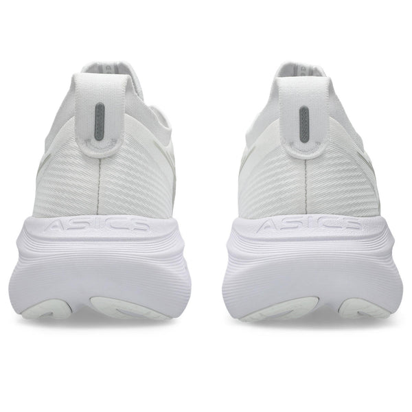 Asics is written horizontally across the top of the midsole on the heel of this shoe.