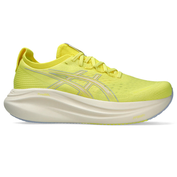 Bright yellow ASICS running shoe for men with matcing laces.