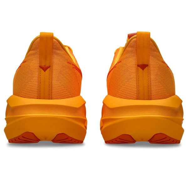 All orange ASIS running shoes shown from the back on a white background.