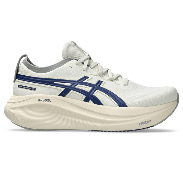 The ASICS Gel Nimbus 27 has a blue logo and the rest of the shoe is a tonal off white color.