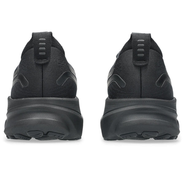 Black athletic shoes shown from the back on a white background