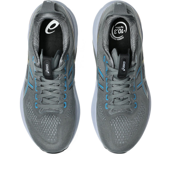 The collar of this men's ASICS running shoe looks very soft and is all grey.