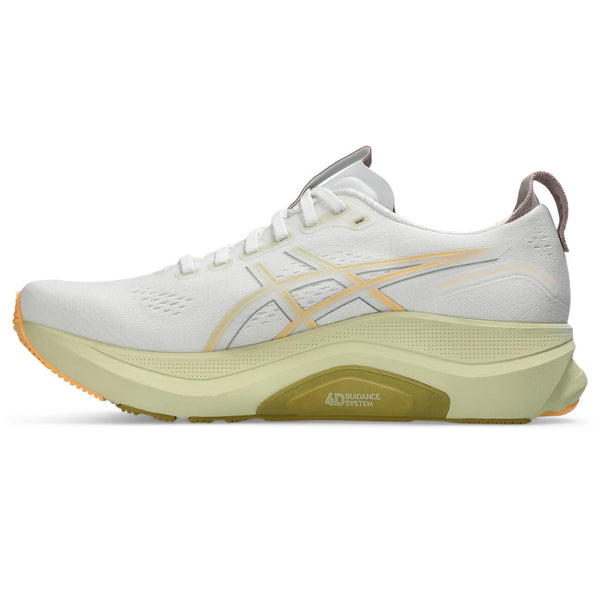 The medial side of a ASICS white running shoe with a yellow sole.