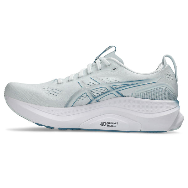 White running shoe with blue accents on a white background