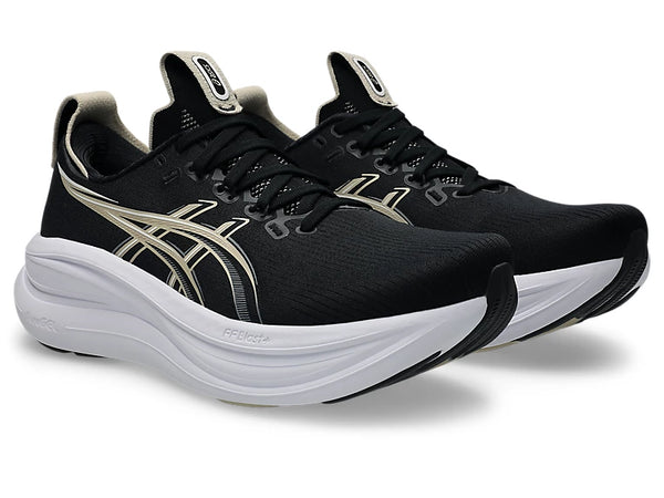 A cream colored Asics logo is in the middle of the upper on both sides.
