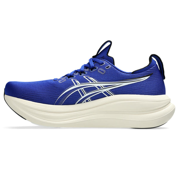 Blue running shoe with an off-white midsole on a white background