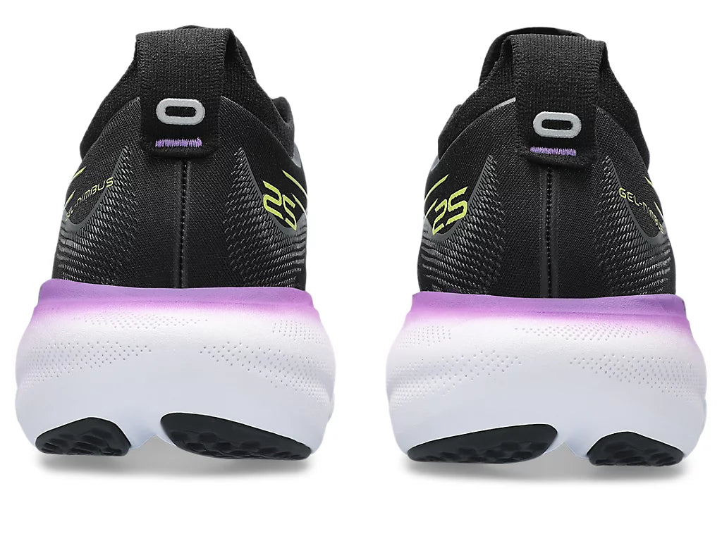 Back view of the Women's Nimbus 25 by ASICS in Black/Glow Yellow