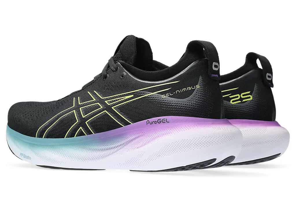Back angle view of the Women's Nimbus 25 by ASICS in Black/Glow Yellow