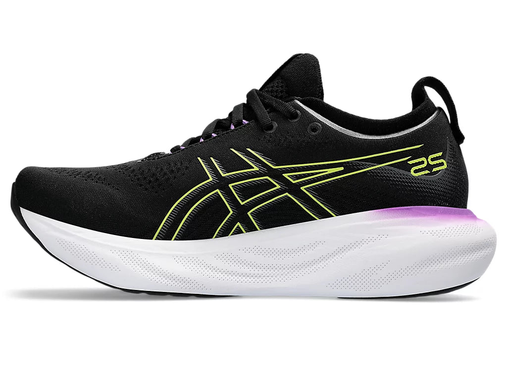 Medial view of the Women's Nimbus 25 by ASICS in Black/Glow Yellow