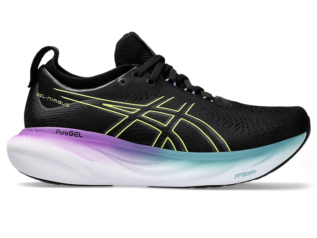 Lateral view of the Women's Nimbus 25 by ASICS in Black/Glow Yellow