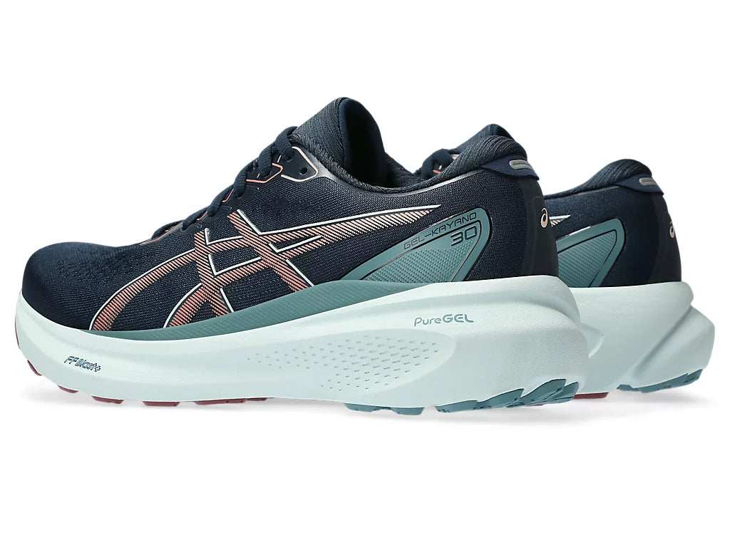 Back angle view of the Women's ASICS Kayano 30 in the color French Blue/Light Garnet