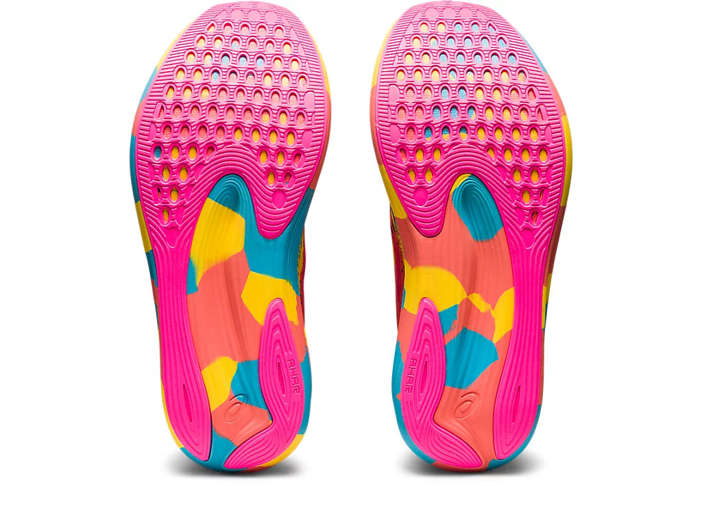 Bottom (outer sole) view of the Women's Noosa Tri 15 by ASICS in the color Aquarium/Vibrant Yellow