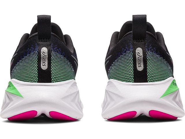 Back view of the Women's Cumulus 25 by ASICS in the color Black/Pink Rave
