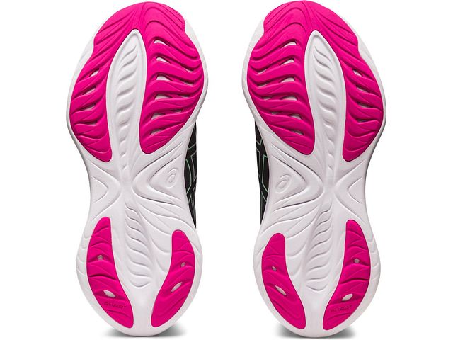 Bottom (outer sole) view of the Women's Cumulus 25 by ASICS in the color Black/Pink Rave