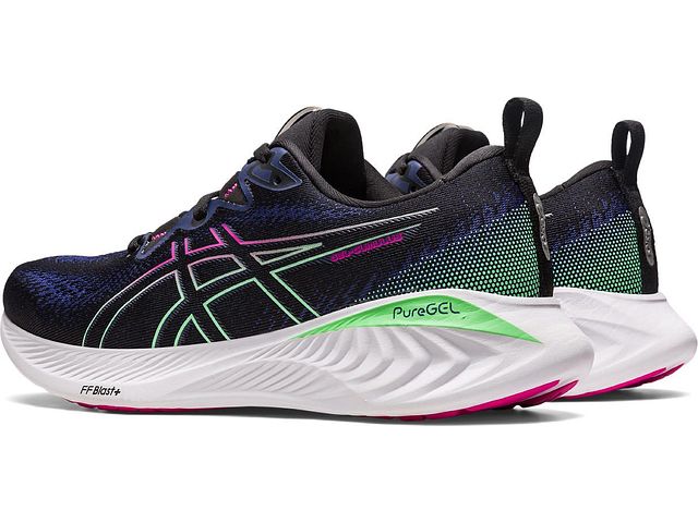 Back angle view of the Women's Cumulus 25 by ASICS in the color Black/Pink Rave