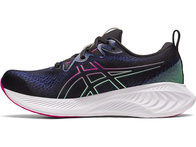 Medial view of the Women's Cumulus 25 by ASICS in the color Black/Pink Rave