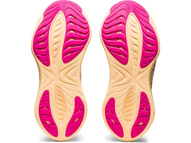 Bottom view of the Women's Cumulus 25 by ASICS in the color Whisper Green/Pink Rave