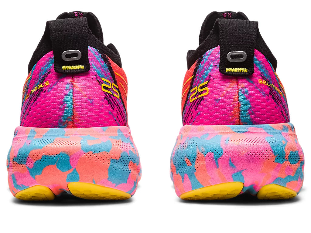 Back view of the Women's ASICS Gel Nimbus 25 in the color Aquarium/Vibrant Yellow