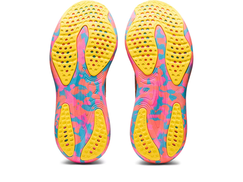 Bottom (outer sole) view of the Women's ASICS Gel Nimbus 25 in the color Aquarium/Vibrant Yellow