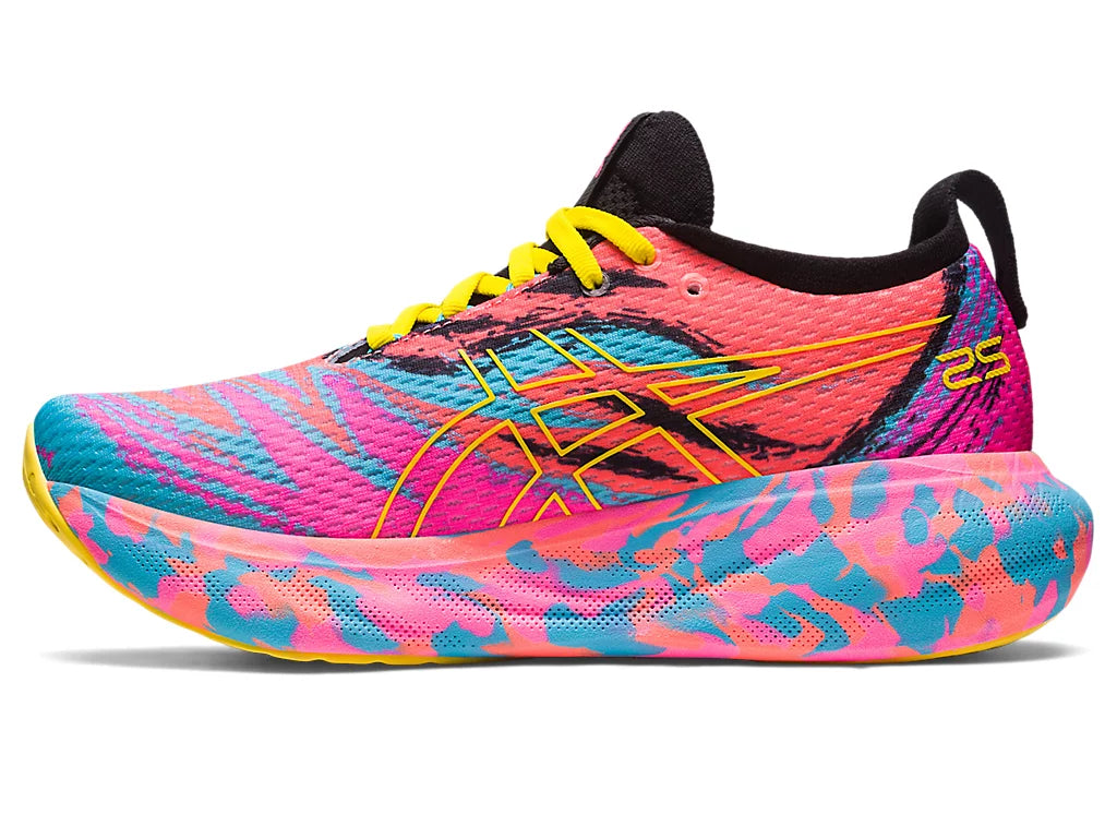 Medial view of the Women's ASICS Gel Nimbus 25 in the color Aquarium/Vibrant Yellow