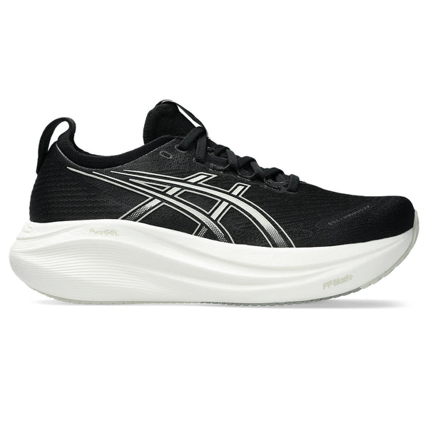 Black ASICS running shoe with white sole on a white background.