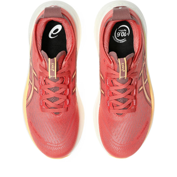 Top down look at a women's Gel-Nimbus 27 running shoe with the ASICS logo on the lateral and medial sides.