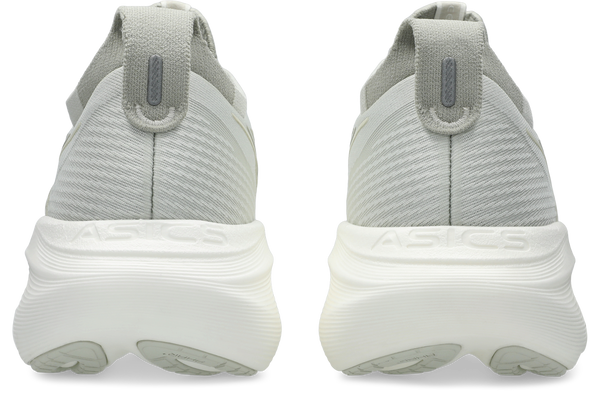 The heel of this shoe has ASICS written horizontally across the top of the midsole.