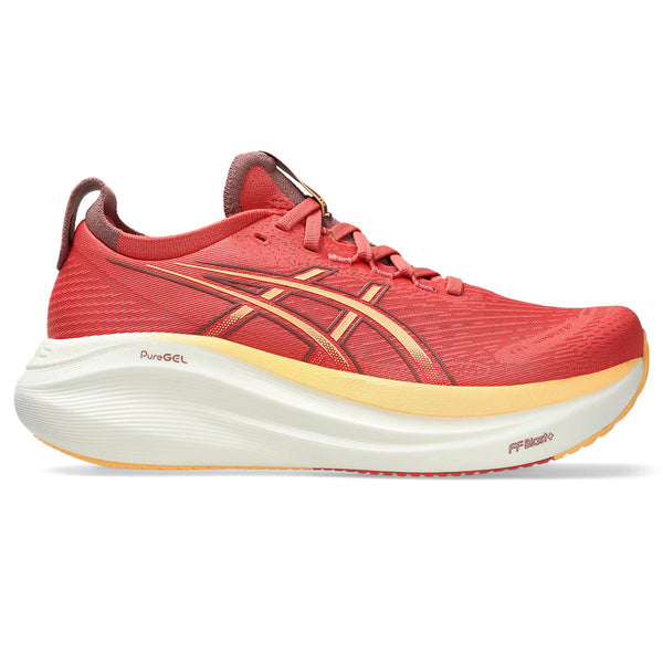 Dark Pink running shoe with white sole on a white background.