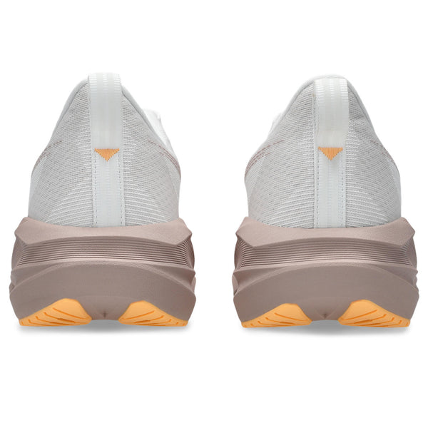 The heel of this shoe has an orange arrow on the upper.