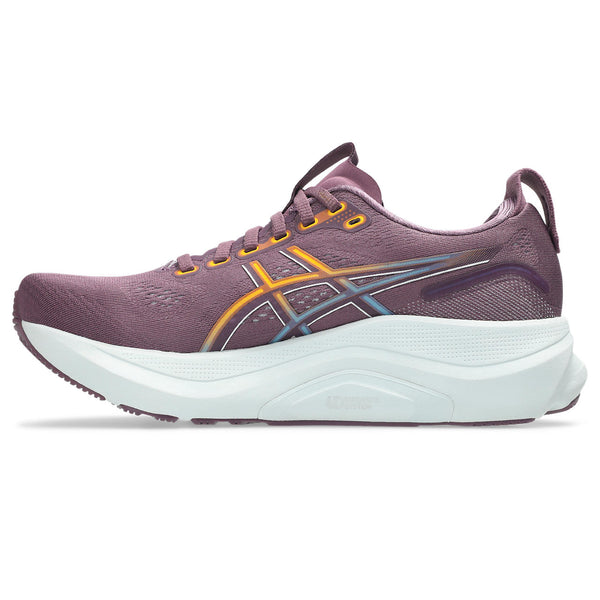 Medial side of a women's ASICS kayano 32 running shoe with neon pop colors.