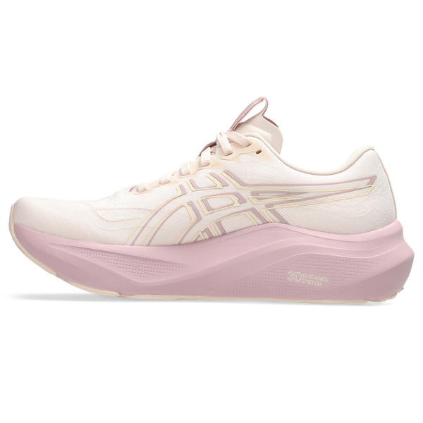 A pink and yellow Asics logo is in the middle of the upper on both sides.