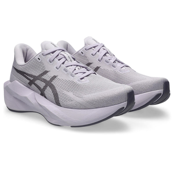 Pair of gray running shoes with black accents on a white background