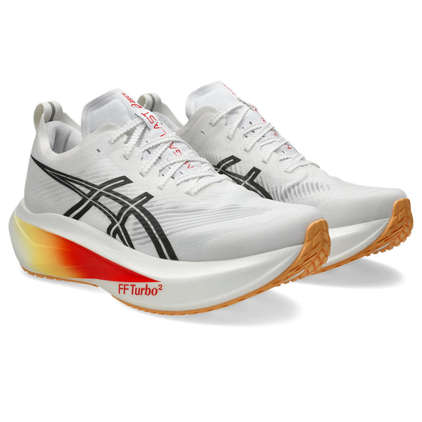 White running shoes with black and red accents on a white background