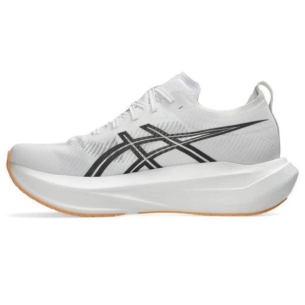 White running shoe with black accents on a white background