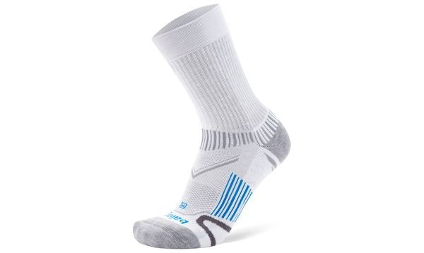 White athletic sock with blue stripes on a white background