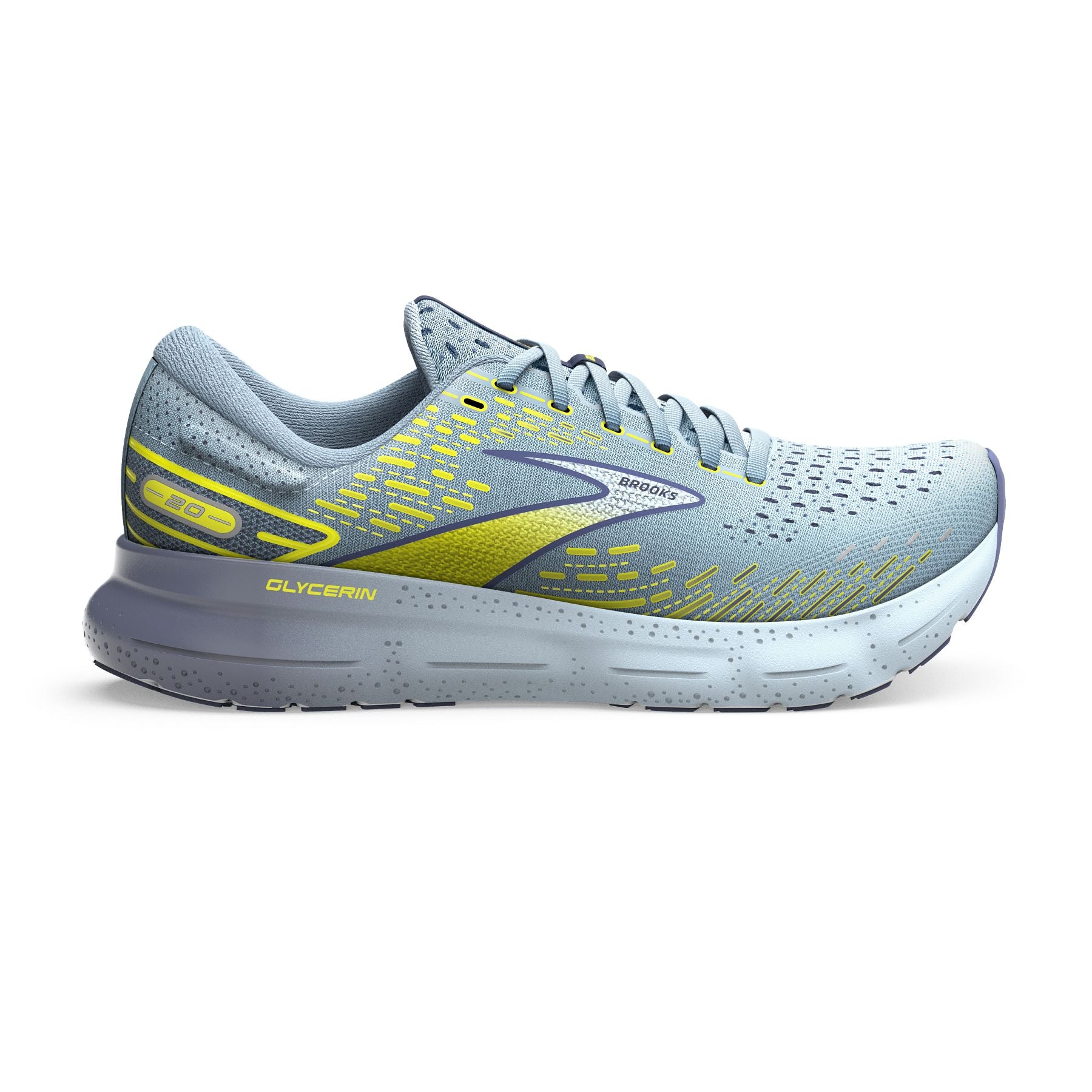 Lateral view of the Men's Glycerin 20 by Brook's in the color Blue/Crown Blue/Sulphur